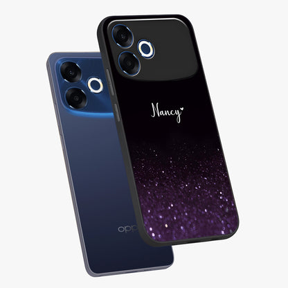 Glittery Purple Bokeh Custom Name Glass Case displayed in angled mockup highlighting glitter bokeh pattern with custom name feature.