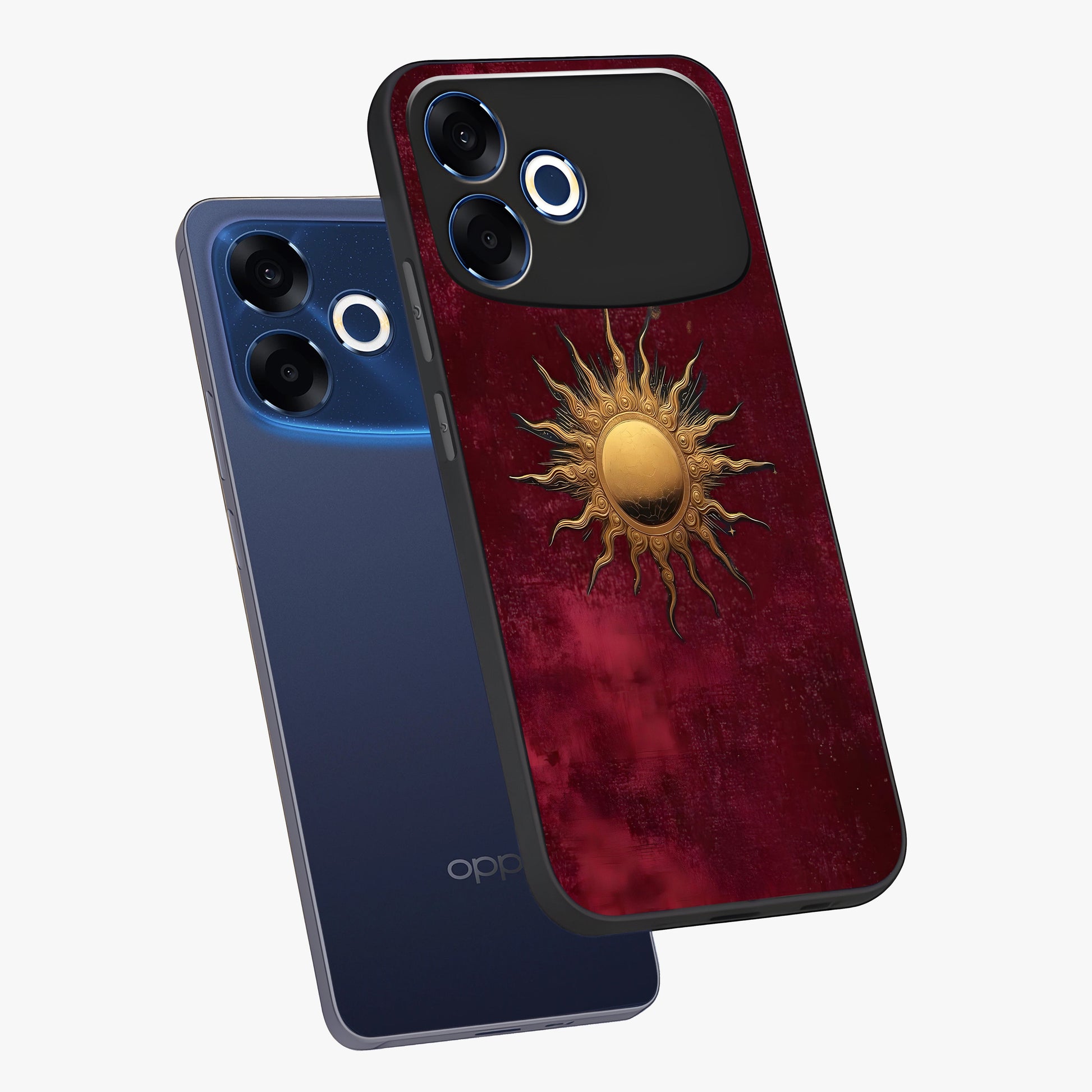 Golden Sun Minimalism Glass Case displayed in angled mockup highlighting clean sun symbol design with modern minimal aesthetic.