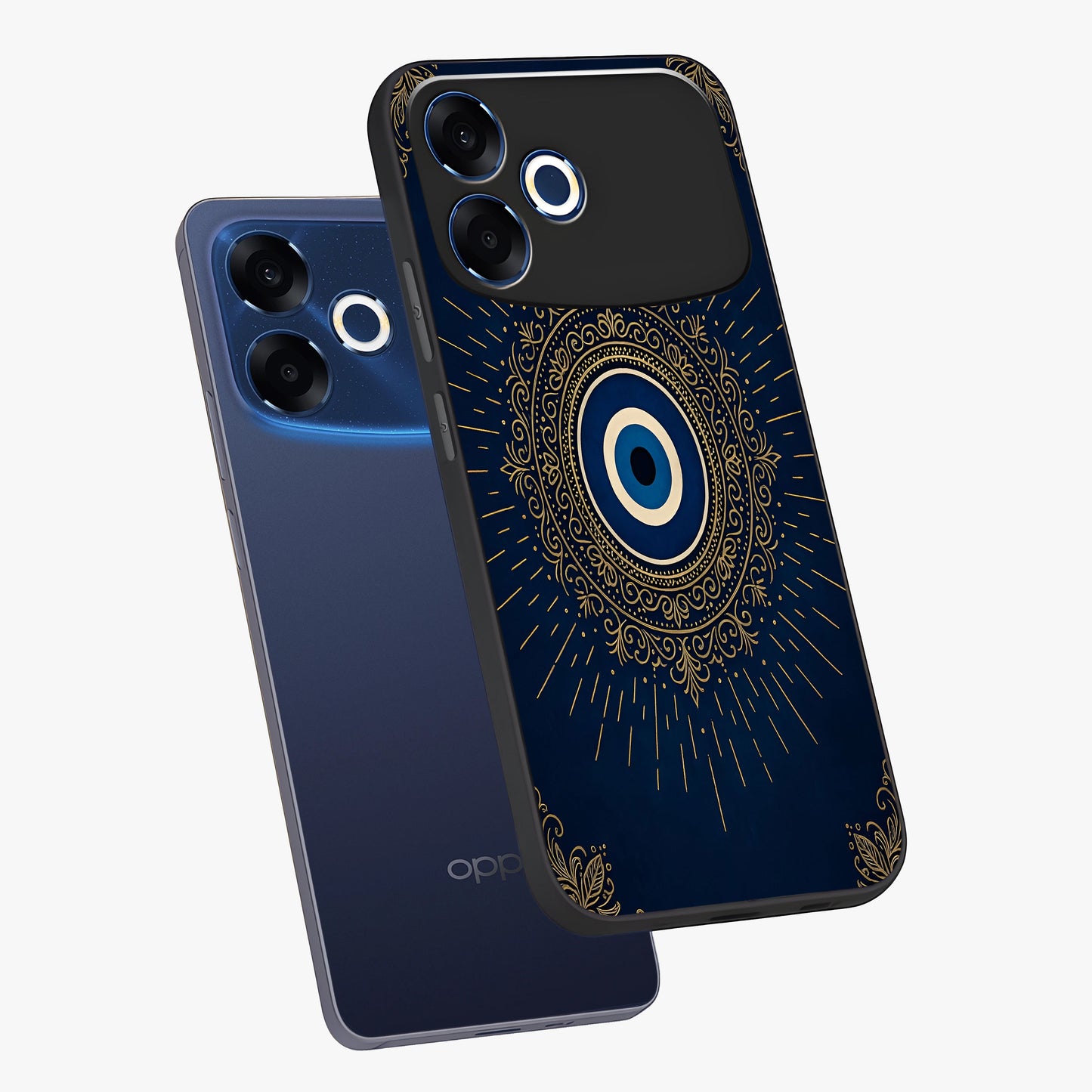 Golden Celestial Charm Glass Case displayed in angled mockup highlighting sparkling cosmic charm design with celestial aesthetic.