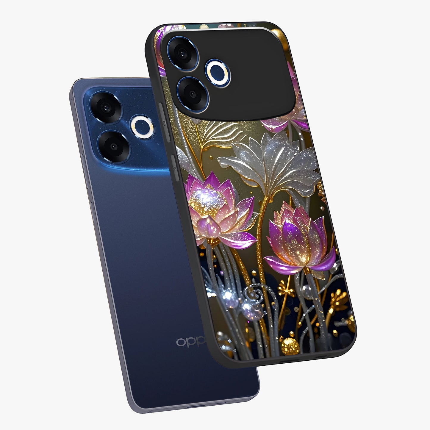 Golden Floral Majesty Glass Case displayed in angled mockup highlighting elegant flower design with royal golden aesthetic.