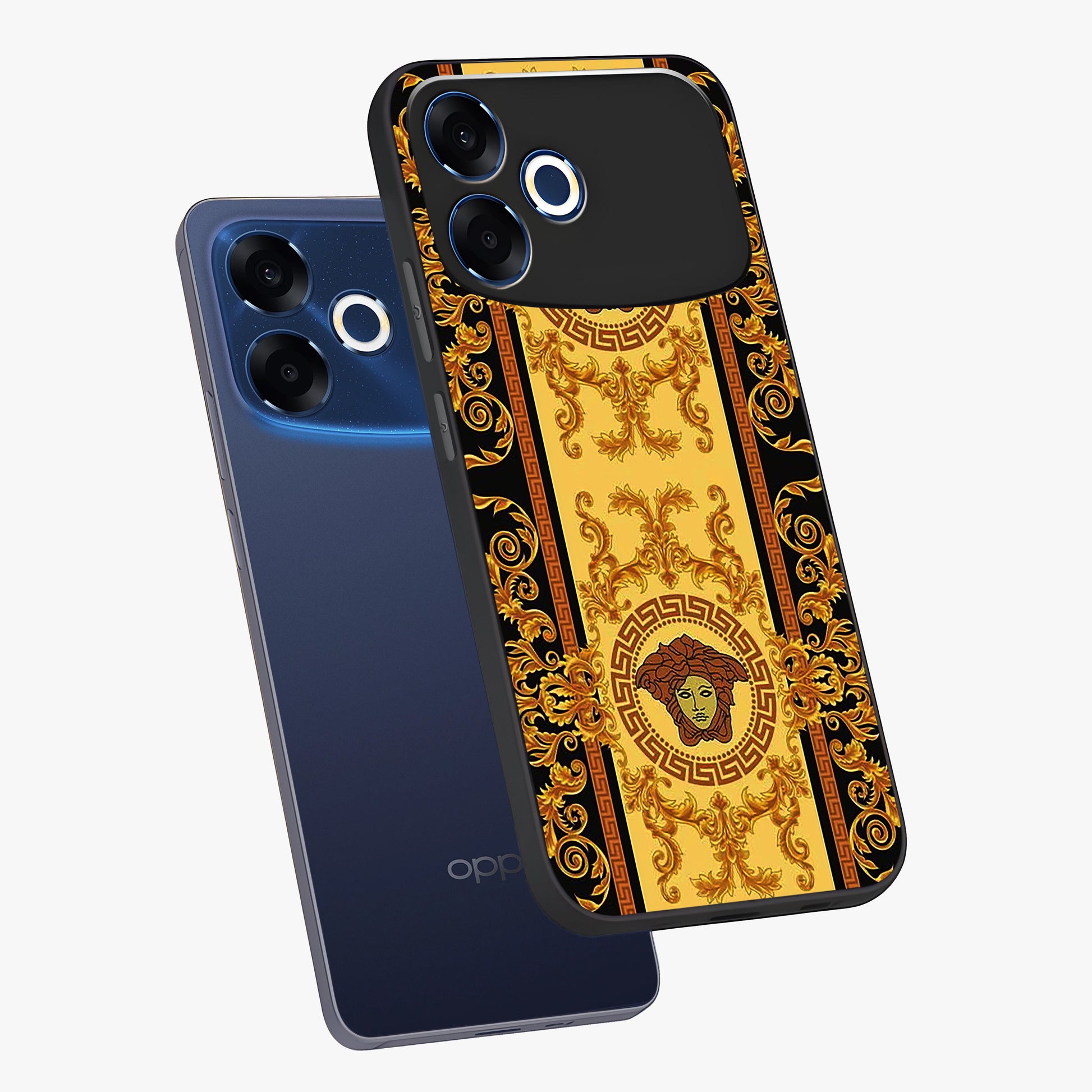 Golden Lotus Glow Glass Case displayed in angled mockup highlighting radiant lotus illustration with spiritual aesthetic.
