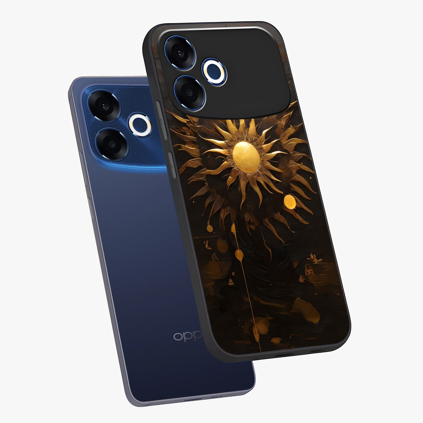 Golden Sun Majesty Glass Case displayed in angled mockup highlighting eerie shadow illustration with gothic aesthetic.