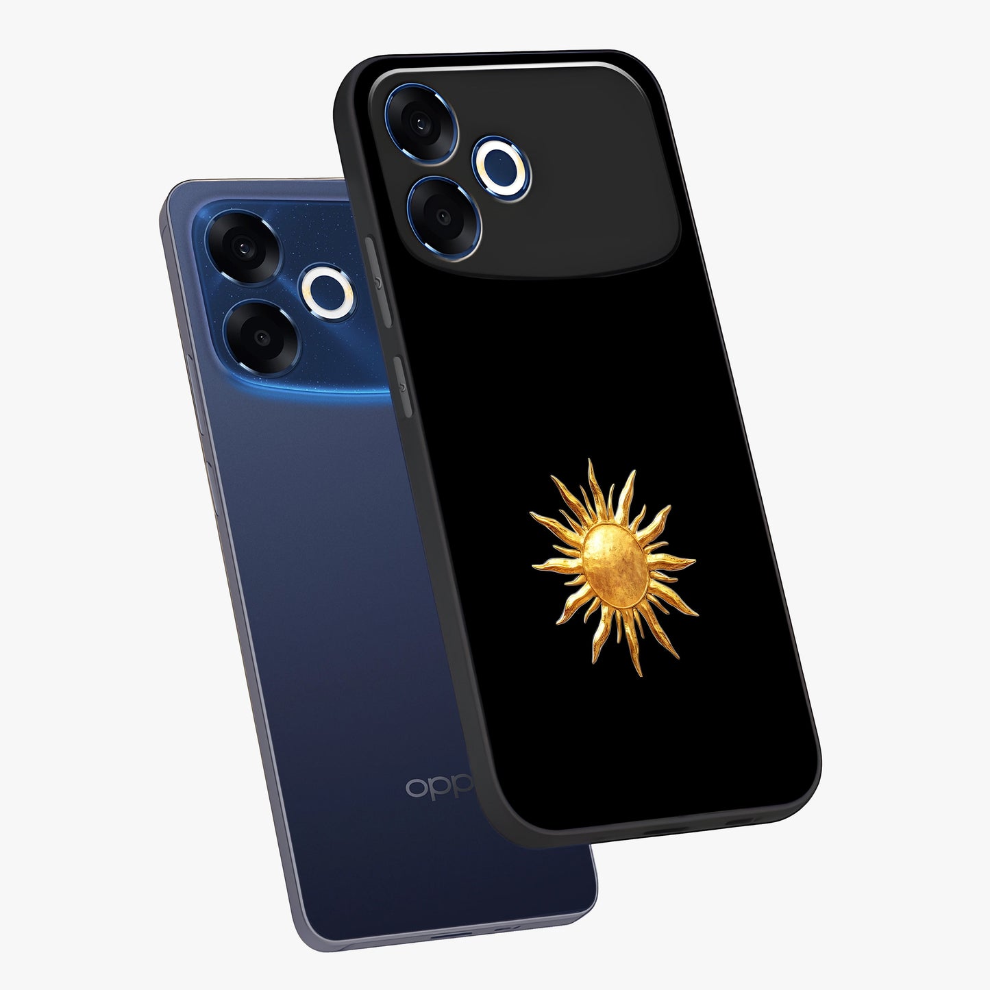 Golden Sun Minimalism Glass Case displayed in angled mockup highlighting eerie shadow illustration with gothic aesthetic.