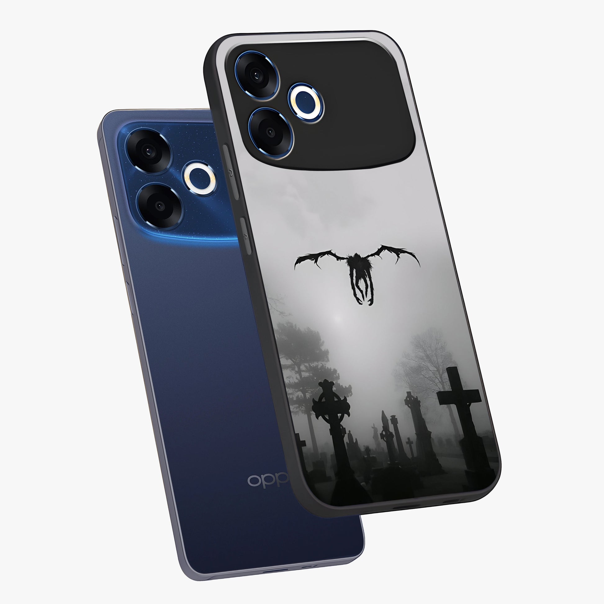 Graveyard Shadow Descent Glass Case displayed in angled mockup highlighting eerie shadow illustration with gothic aesthetic.