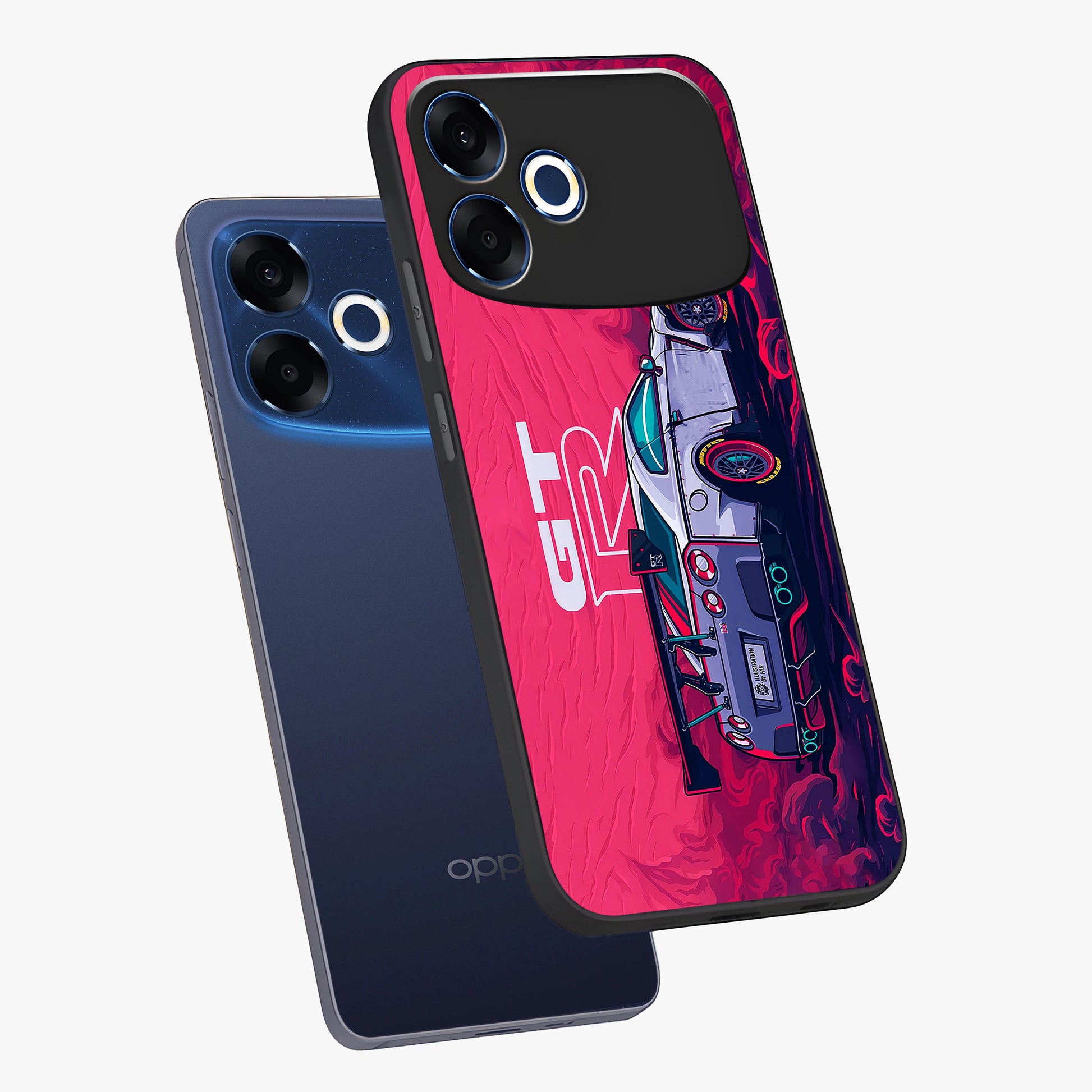 GT-R Car Pattern Glass Case displayed in angled mockup highlighting racing car graphic design with bold automotive aesthetic.