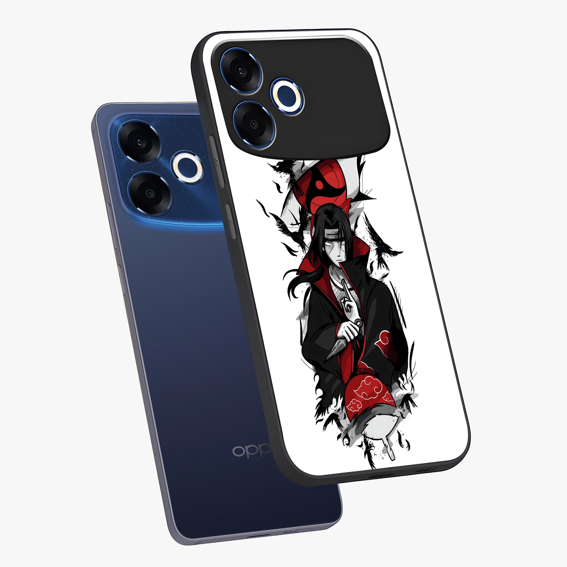 Itachi Limited Edition Naruto Anime Glass Case displayed in angled mockup highlighting dramatic anime illustration with bold action aesthetic.