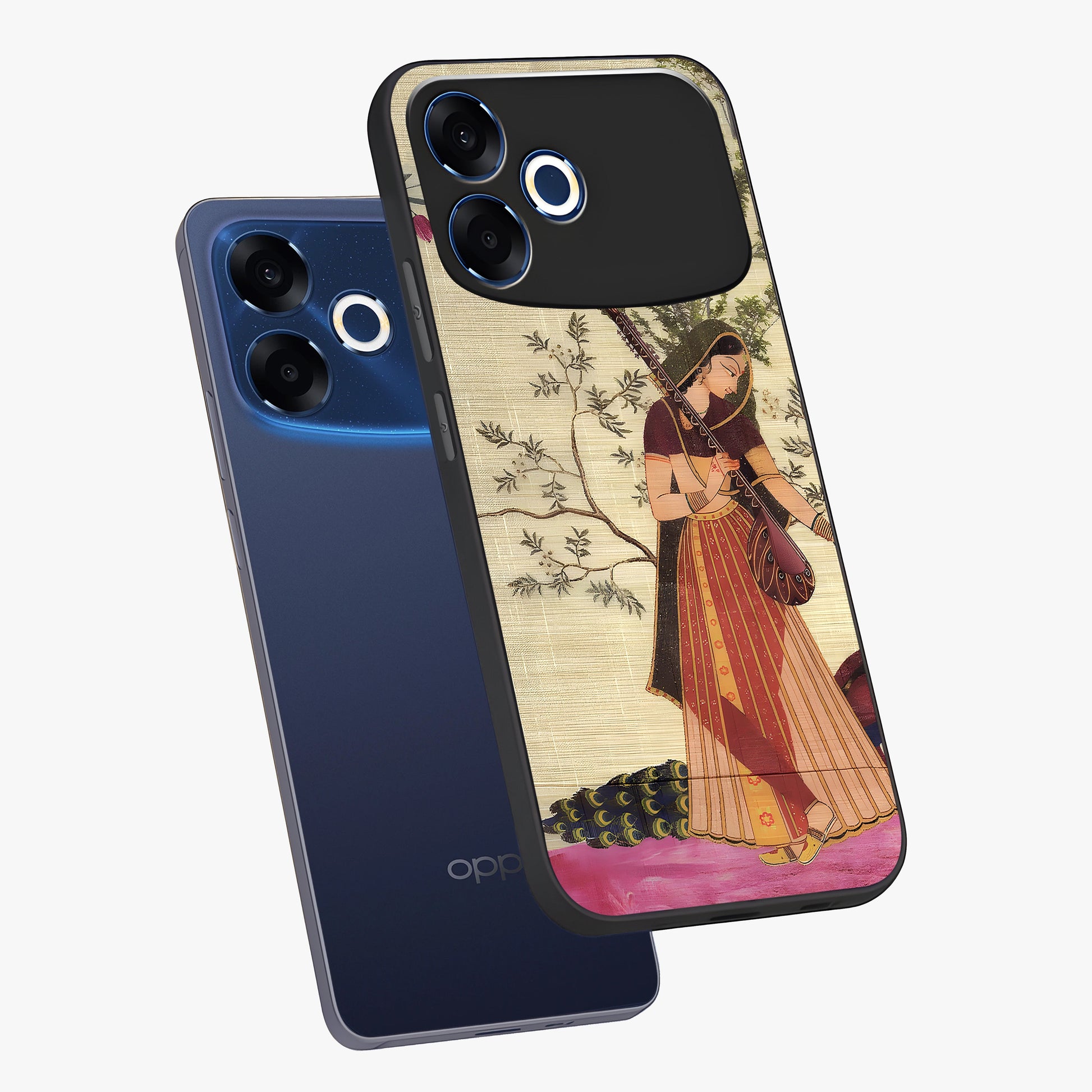 Lady With Veena Art Glass Case displayed in angled mockup highlighting graceful musical illustration with cultural artistic aesthetic.