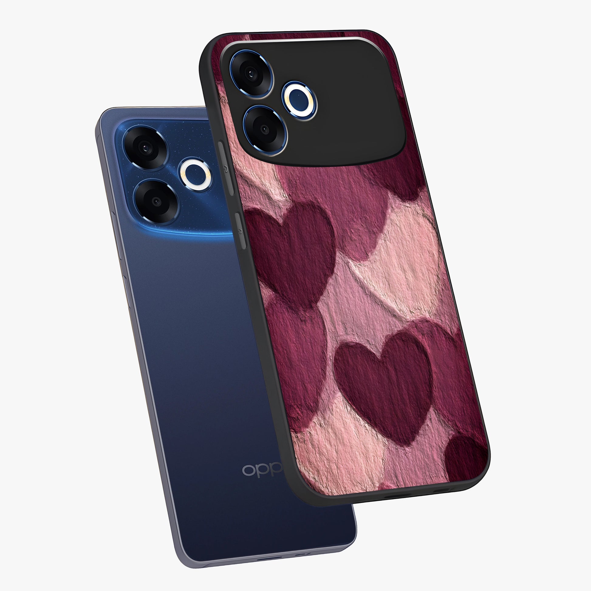 Layered Paper Hearts Glass Case displayed in angled mockup highlighting creative paper craft heart design with romantic aesthetic.