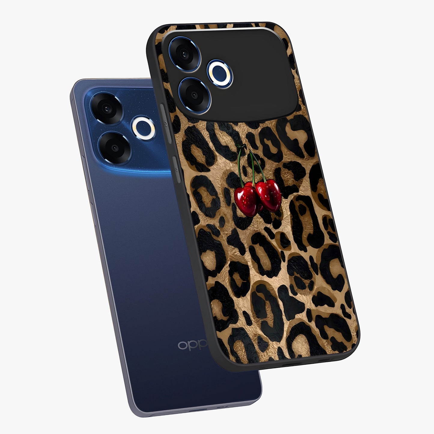 Leopard Wild Cherry Glass Case displayed in angled mockup highlighting bold animal print design with playful cherry aesthetic.