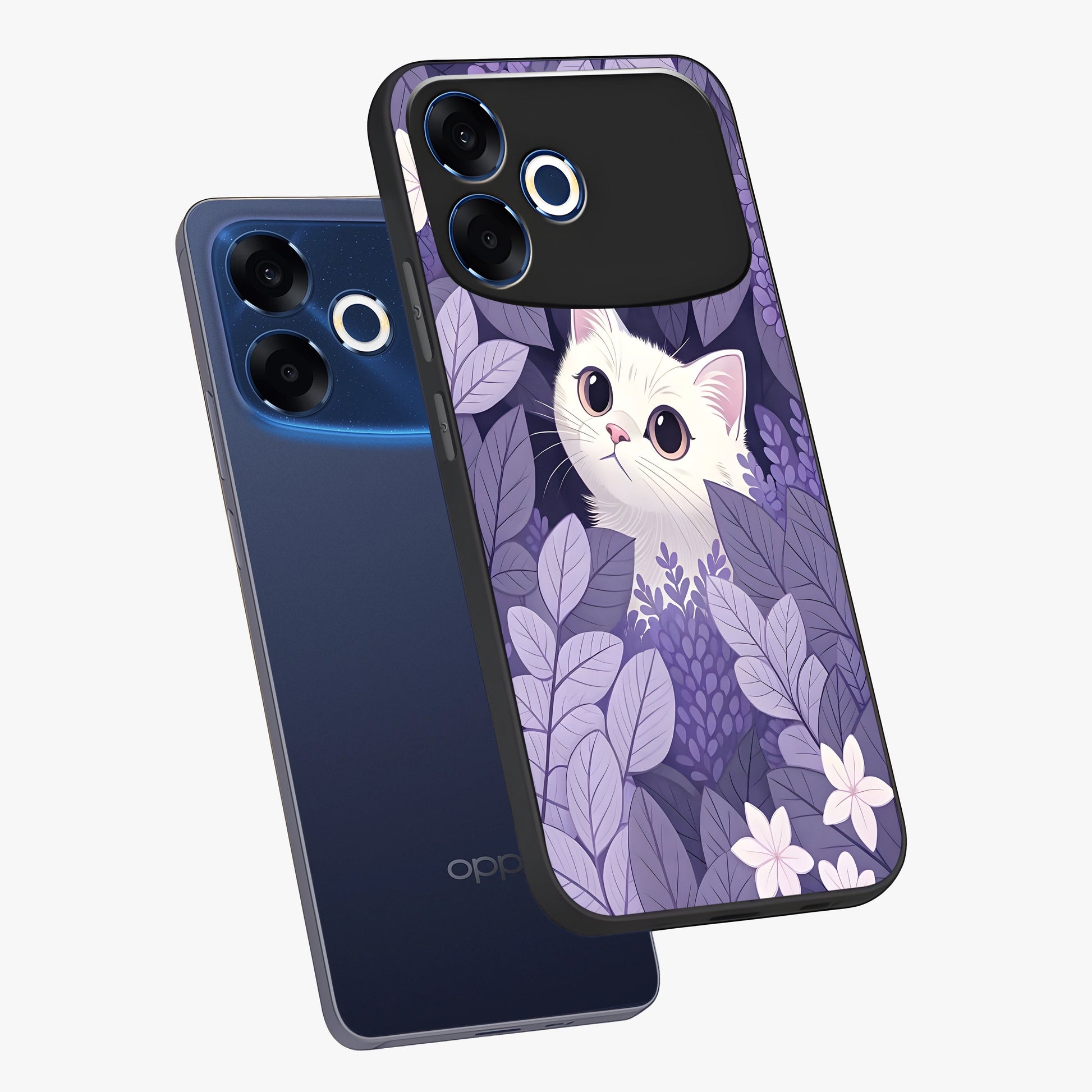 Lilac Hide Peek Cat Glass Case displayed in angled mockup highlighting playful feline illustration with lilac aesthetic design.