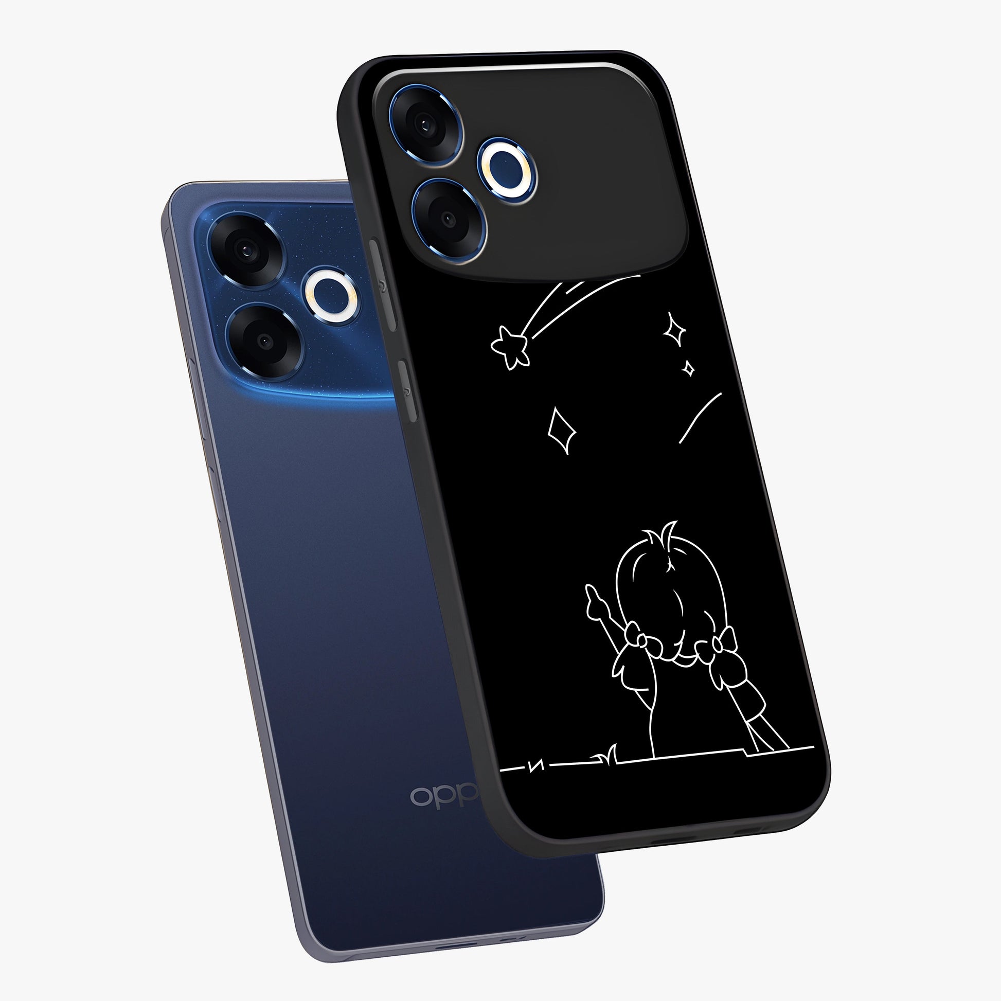 Line Art Girl With Shooting Stars Glass Case displayed in angled mockup highlighting elegant line art design with dreamy star aesthetic.