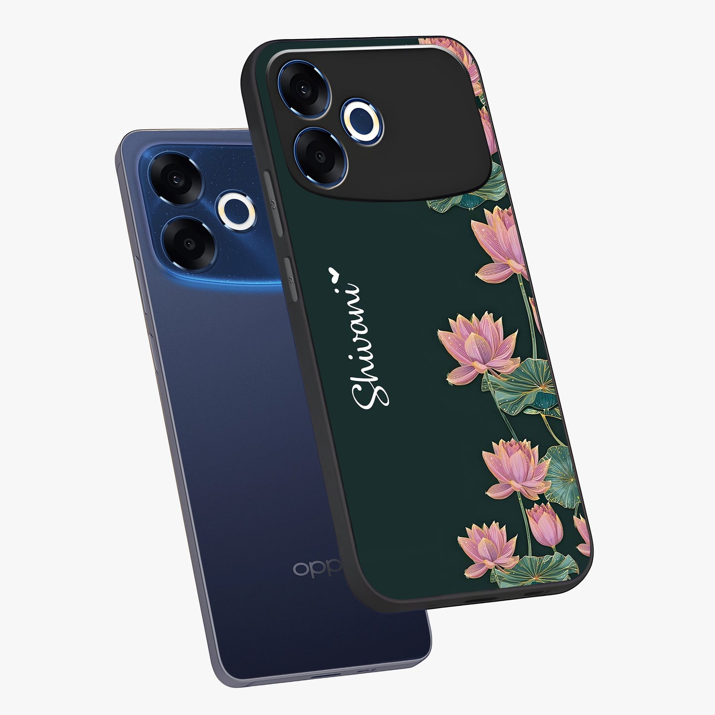 Lotus Bloom Serenity Custom Name Glass Case displayed in angled mockup highlighting graceful lotus illustration with custom name feature.