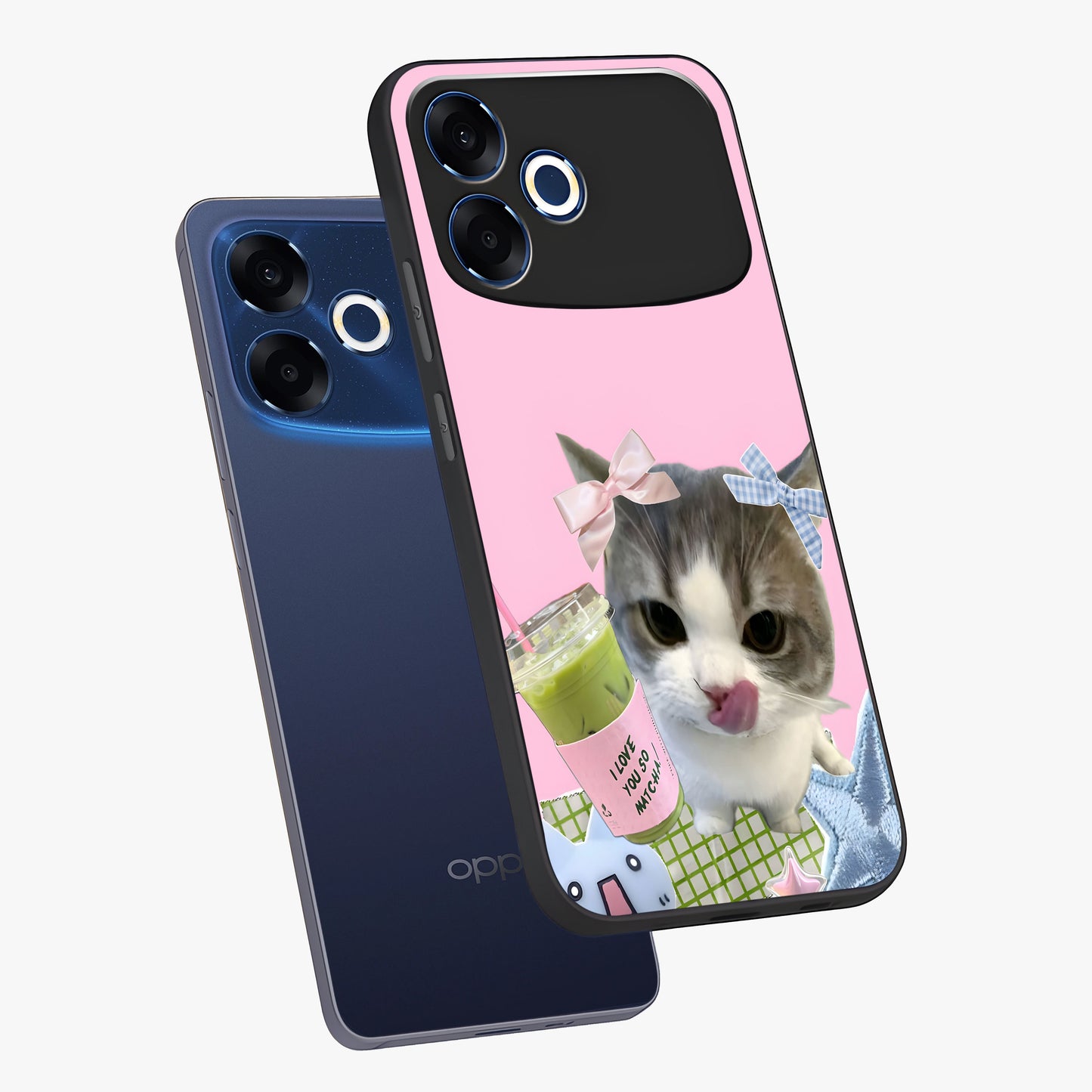 Love Matcha Cat Glass Case displayed in angled mockup highlighting playful feline illustration with cozy matcha aesthetic.