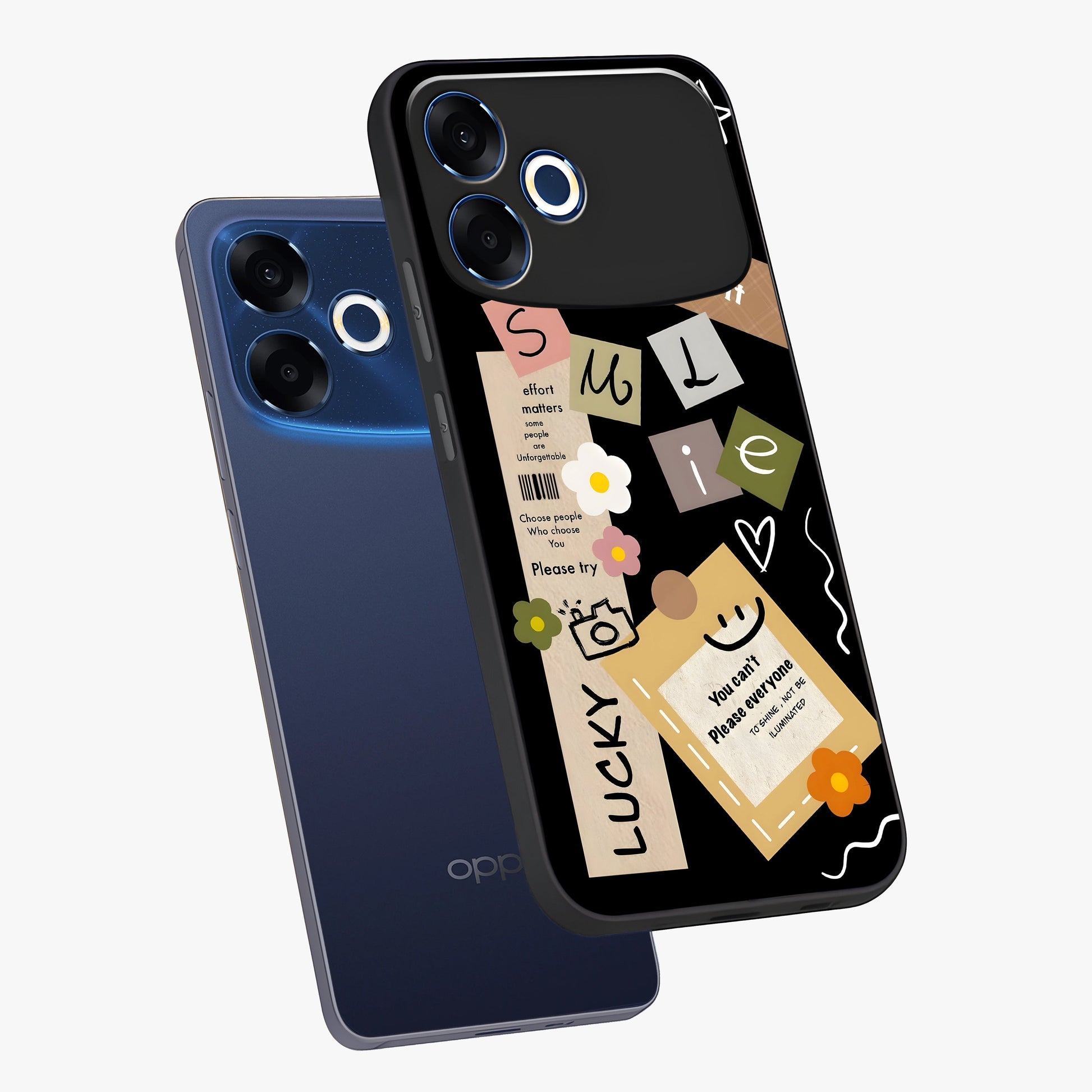 Lucky Aesthetic Collage Glass Case displayed in angled mockup highlighting stylish collage pattern with modern aesthetic vibe.