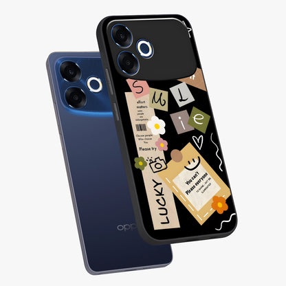 Lucky Aesthetic Collage Glass Case displayed in angled mockup highlighting stylish collage pattern with modern aesthetic vibe.