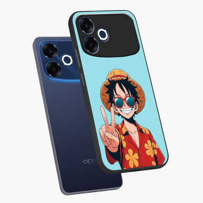 Luffy Summer Anime Vibe Glass Case displayed in angled mockup highlighting energetic anime illustration with summer vibe aesthetic.