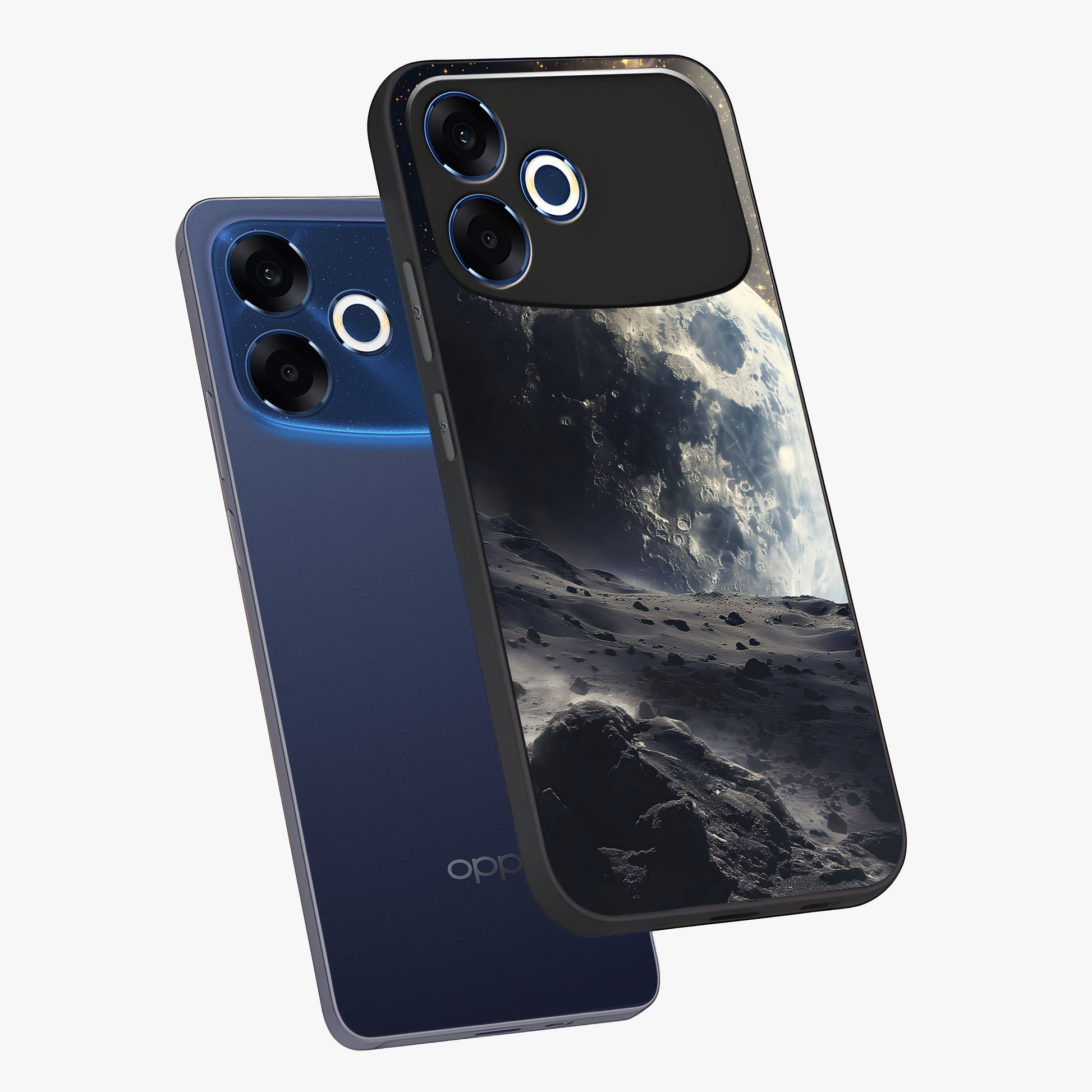 Lunar Horizon Glow Glass Case displayed in angled mockup highlighting celestial moon design with dreamy night aesthetic.