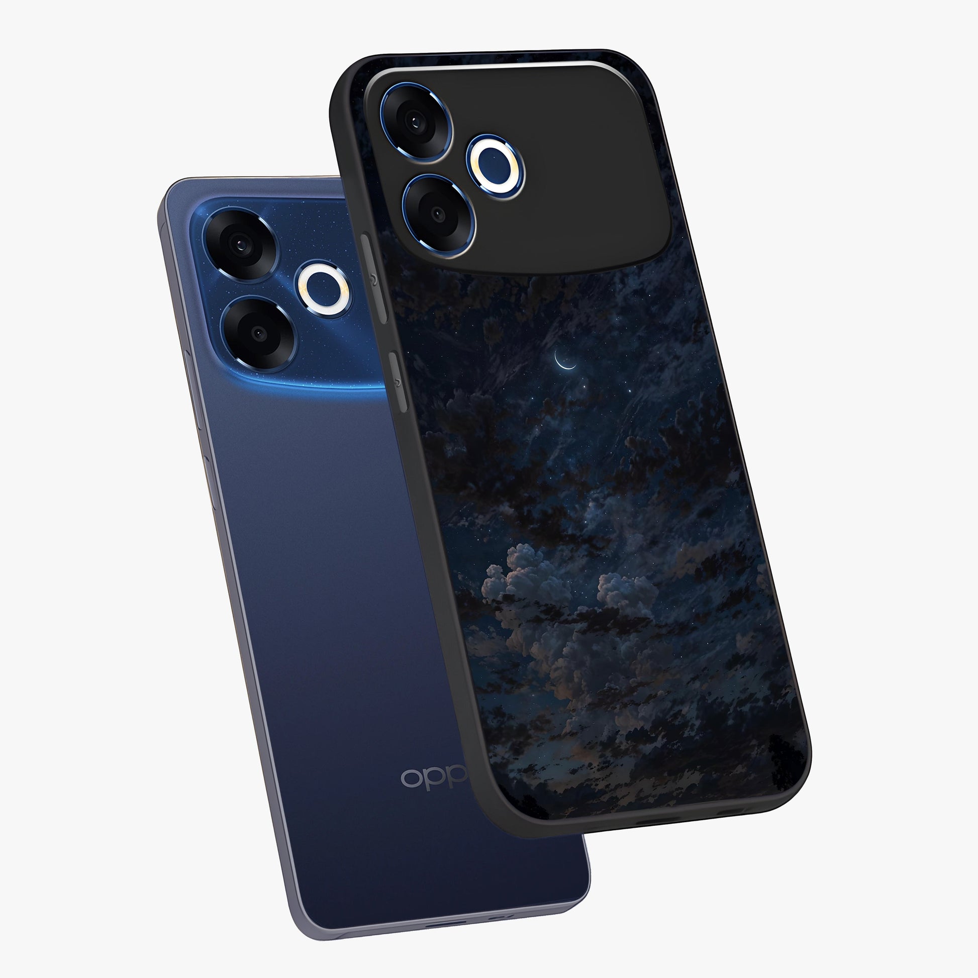 Lunar Veil Silence Glass Case displayed in angled mockup highlighting soft lunar design with peaceful celestial aesthetic.