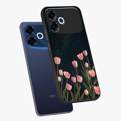 Midnight Tulip Whispers Vibe Glass Case displayed in angled mockup highlighting delicate tulip design with midnight floral aesthetic.