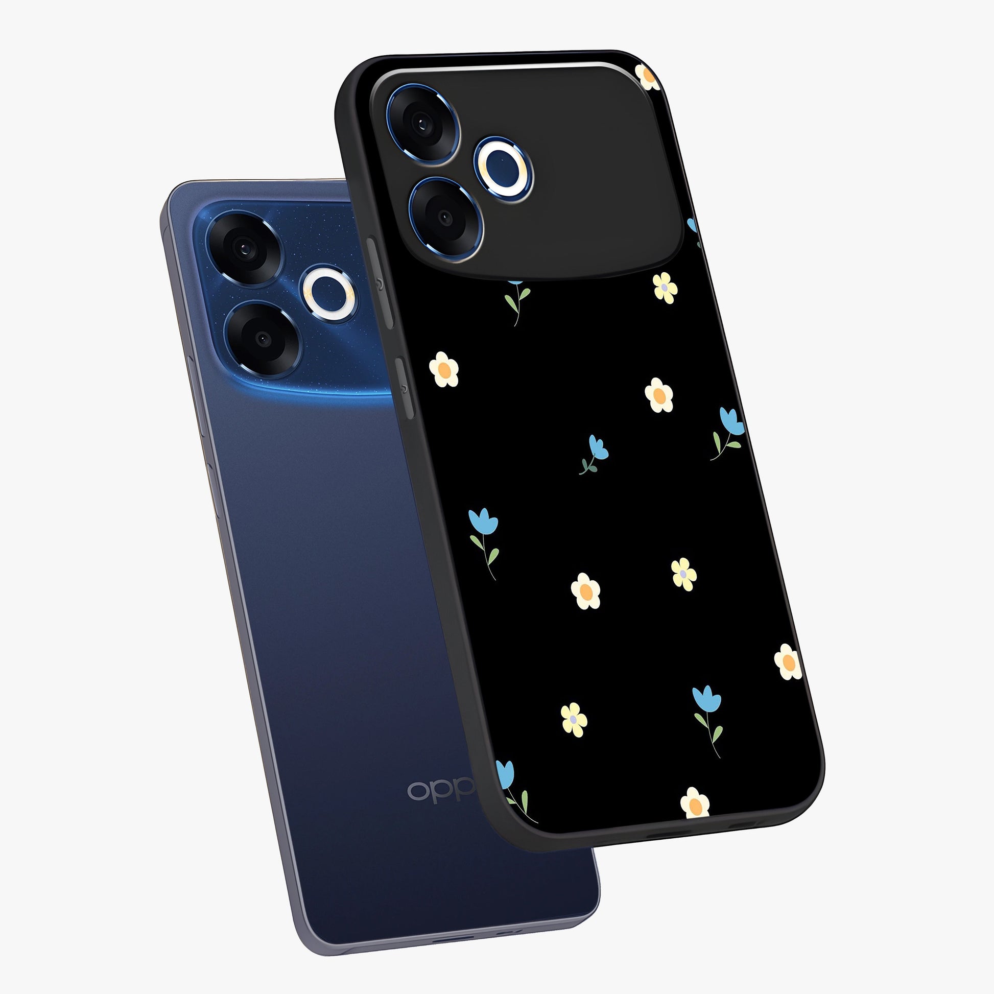 Minimal Petal Whispers Glass Case displayed in angled mockup highlighting delicate petal design with clean minimal aesthetic.