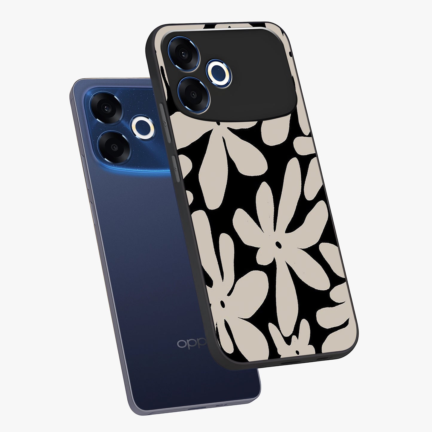 Monochrome Petal Dance Glass Case displayed in angled mockup highlighting elegant petal design with black and white aesthetic.