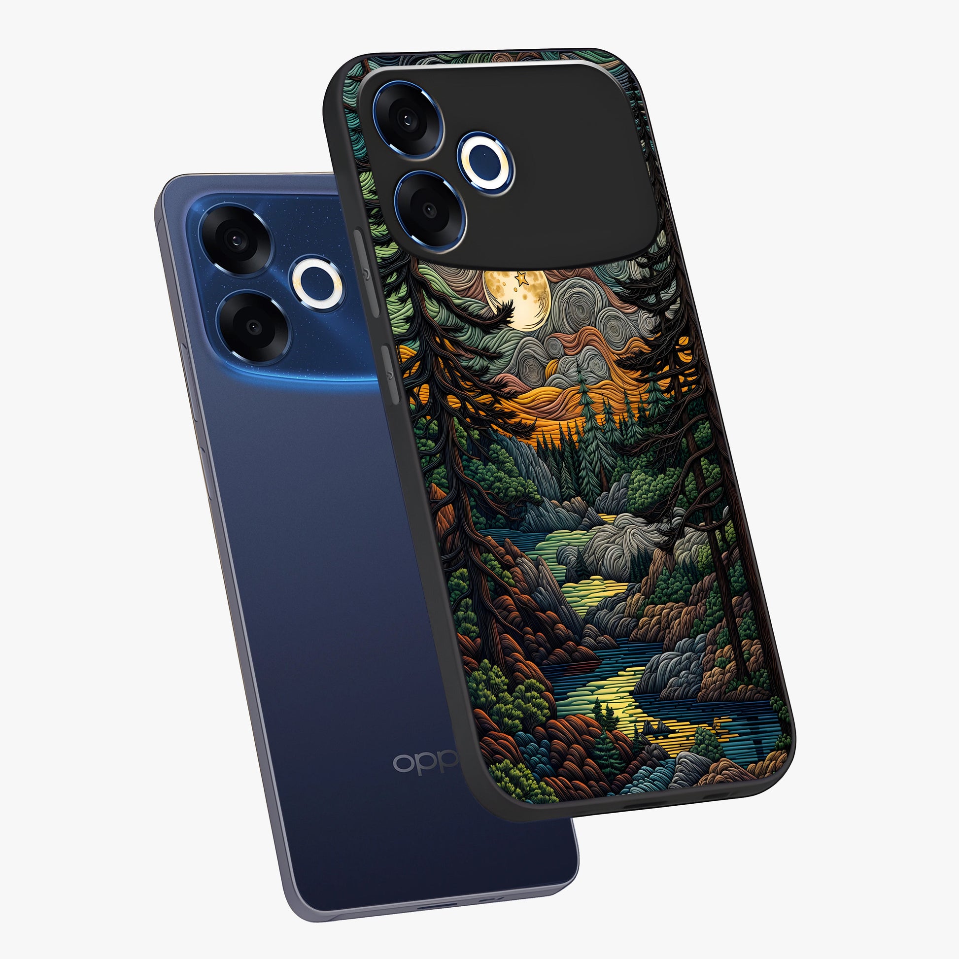 Moonlight Forest Dream Glass Case displayed in angled mockup highlighting dreamy forest design with glowing moon aesthetic.