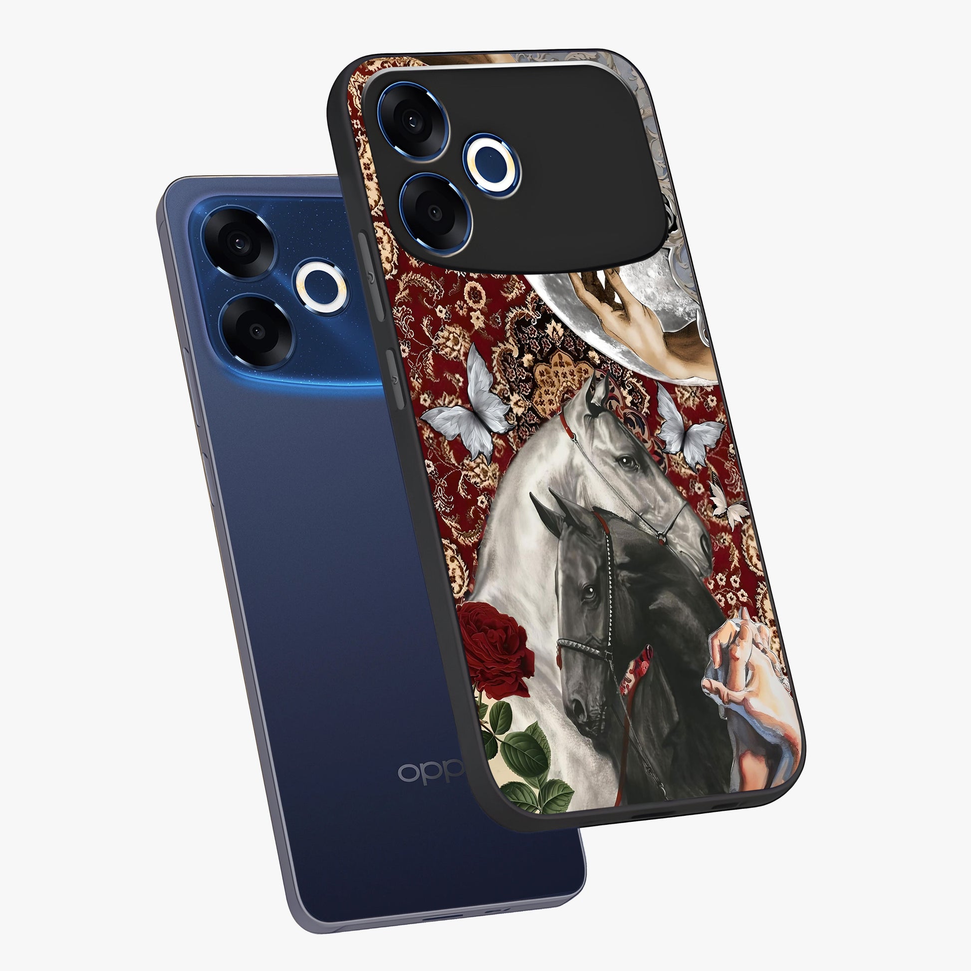 Moonlit Royal Stallion Glass Case displayed in angled mockup highlighting powerful stallion illustration with royal night aesthetic.