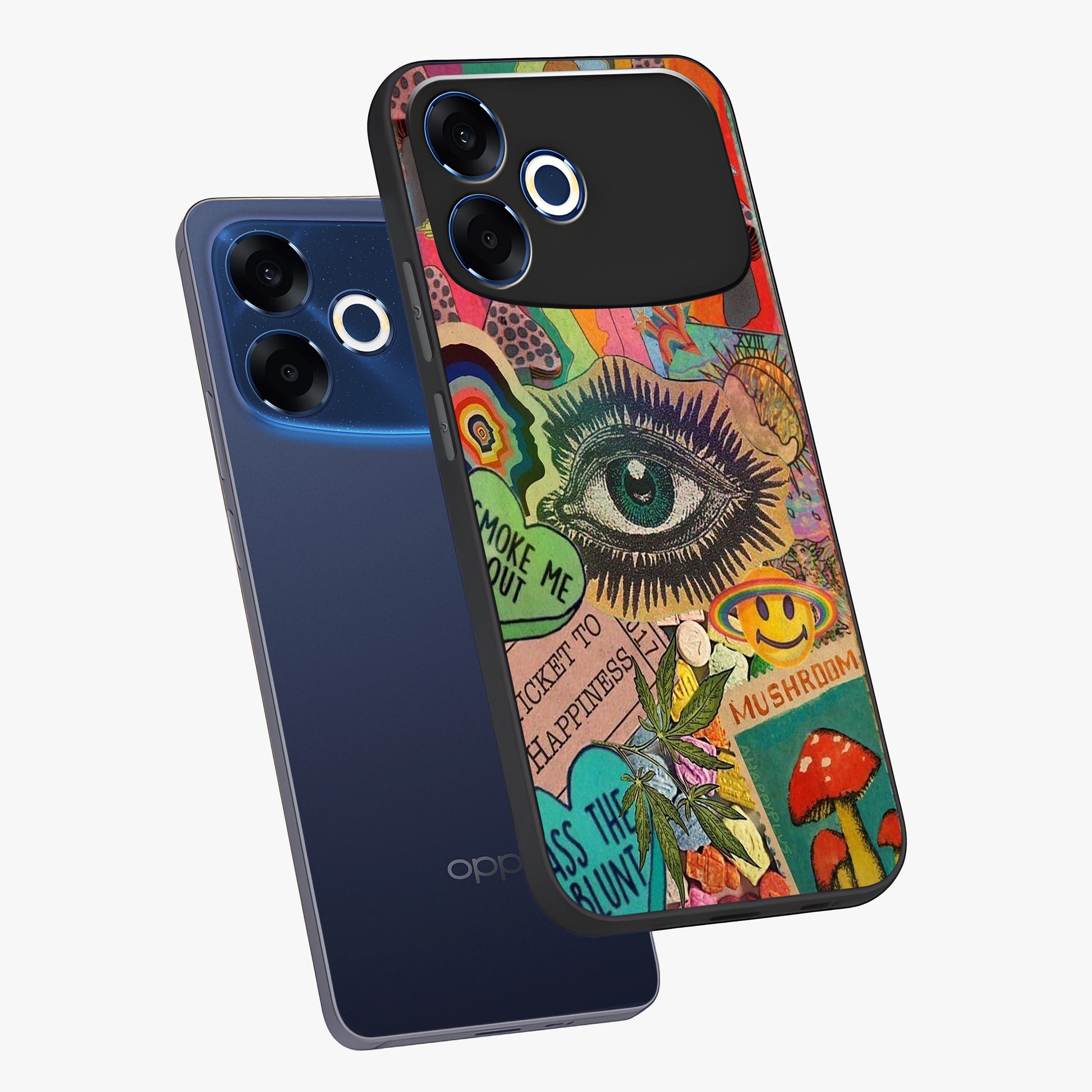 Mystic Eye Wonderland Glass Case displayed in angled mockup highlighting magical eye illustration with dreamy aesthetic.