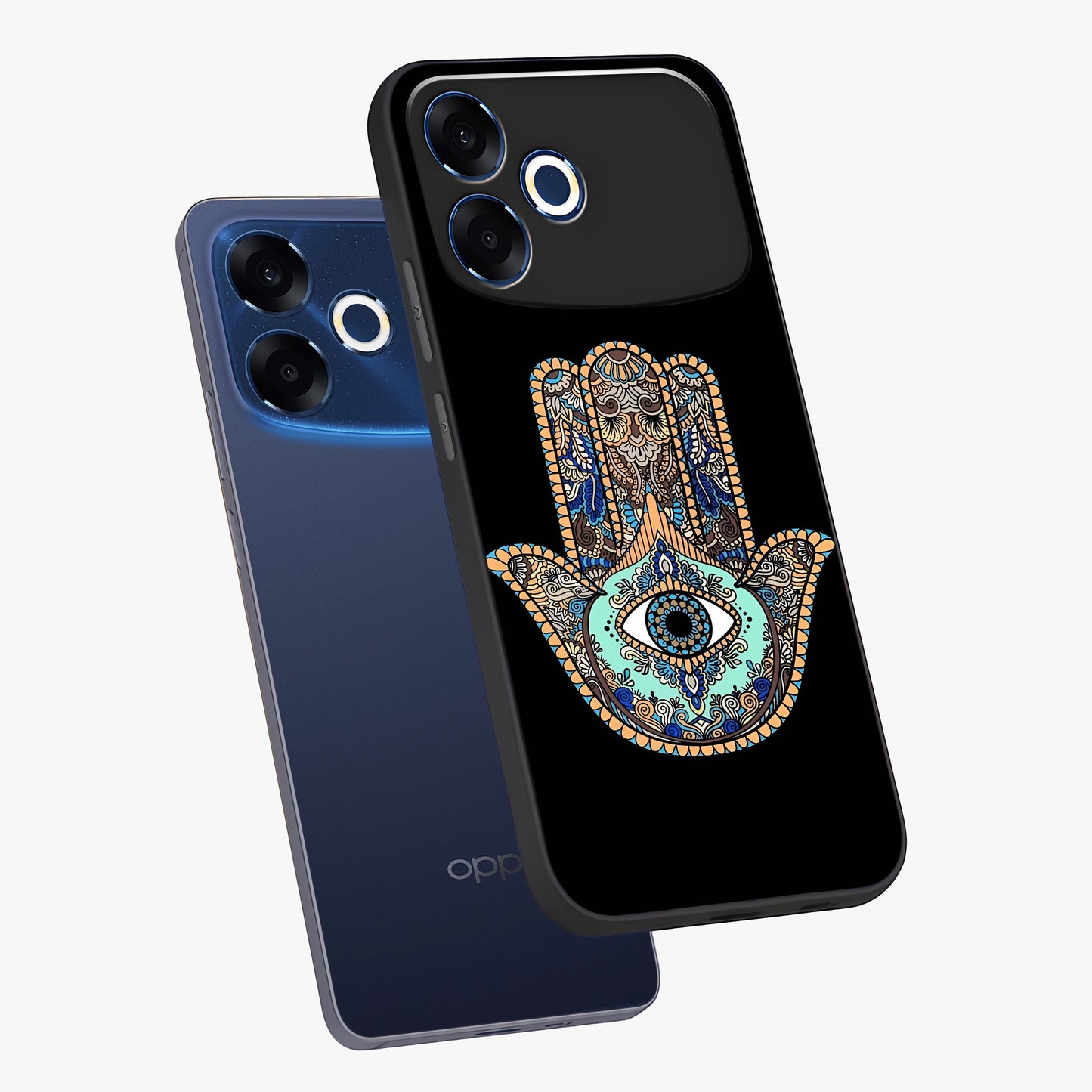 Mystic Hamsa Eye Glass Case displayed in angled mockup highlighting spiritual hamsa symbol with mystical aesthetic style.