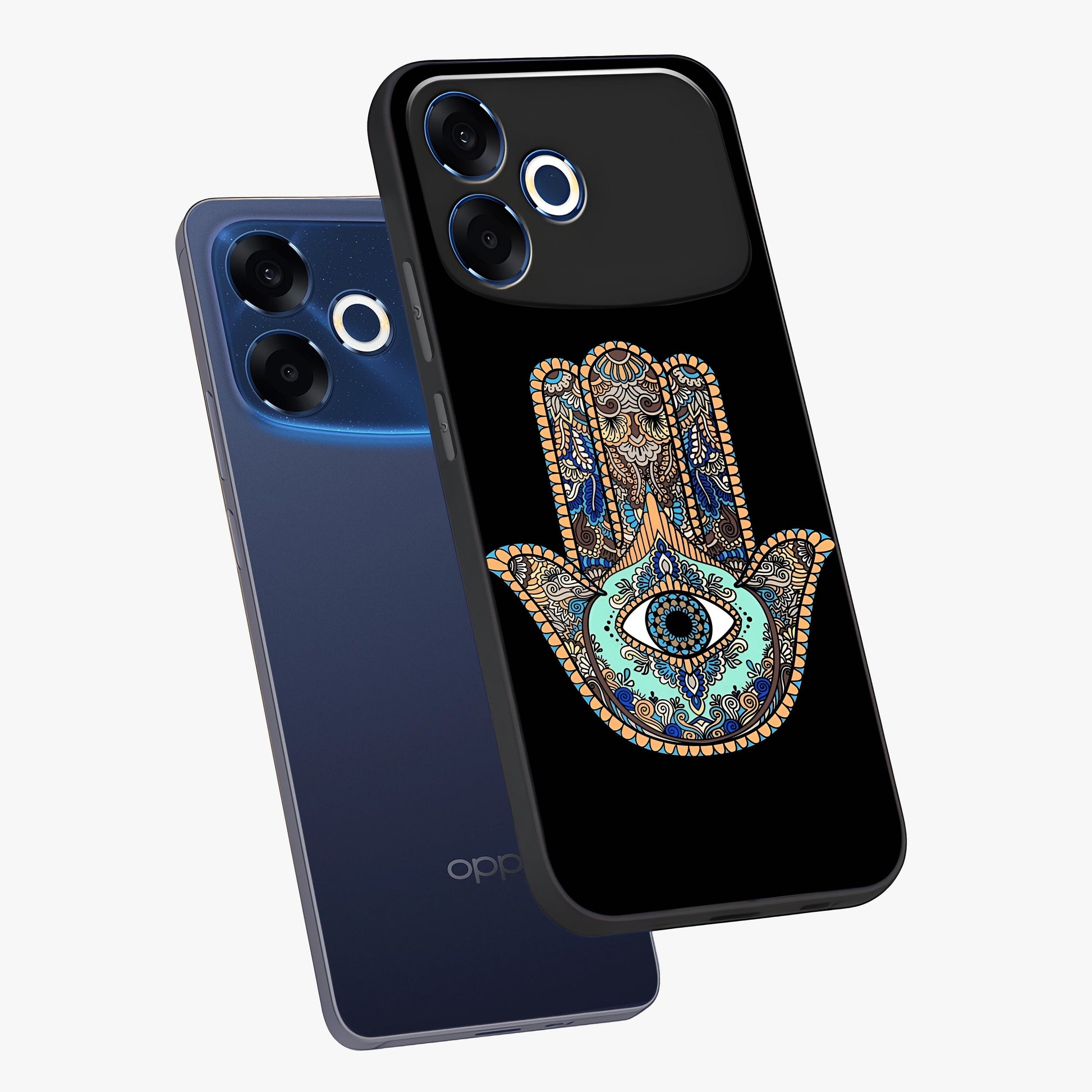 Mystic Hamsa Eye Glass Case displayed in angled mockup highlighting spiritual hamsa symbol with mystical aesthetic style.