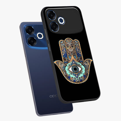 Mystic Hamsa Eye Glass Case displayed in angled mockup highlighting spiritual hamsa symbol with mystical aesthetic style.
