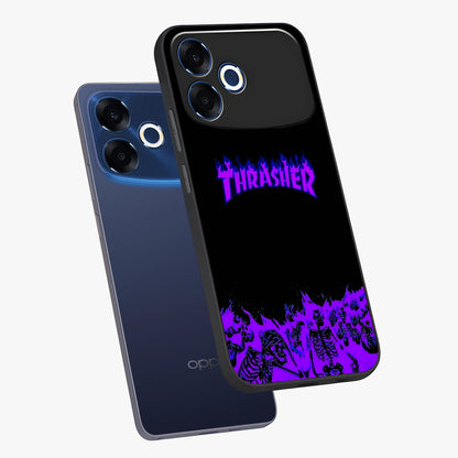 Neon Flame Riot Glass Case displayed in angled mockup highlighting glowing flame design with vibrant neon aesthetic.