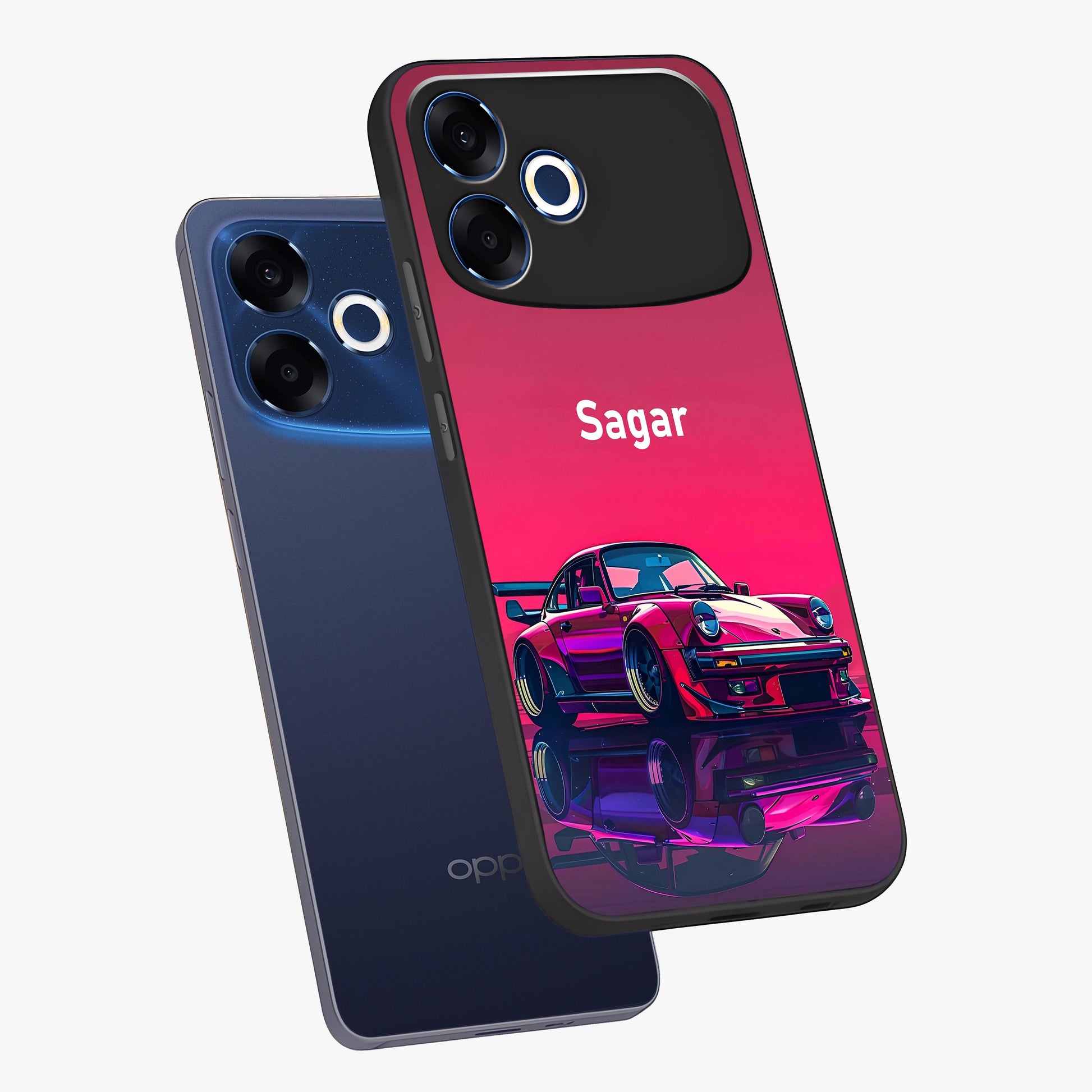 Neon Pink Porsche Glass Case displayed in angled mockup highlighting sleek neon pink car design with racing aesthetic.