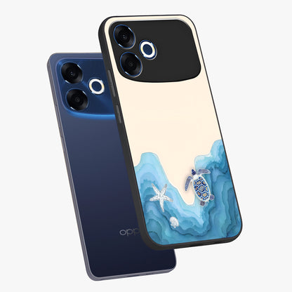 Ocean Drift Turtle Glass Case displayed in angled mockup highlighting peaceful ocean turtle illustration with marine aesthetic.