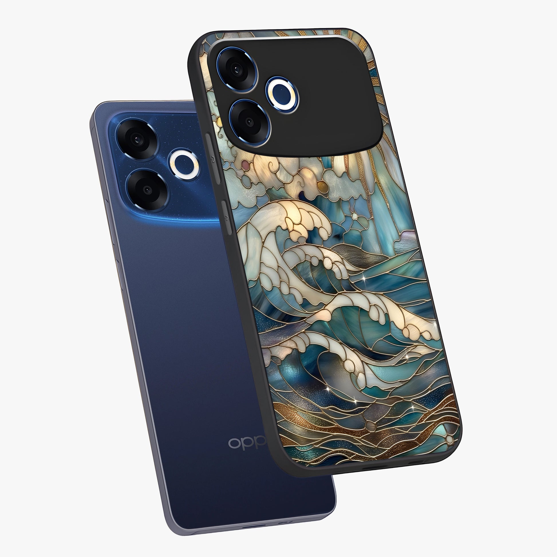 Oceanic Stained Printed Glass Case displayed in angled mockup highlighting colorful aquatic design with artistic aesthetic style.