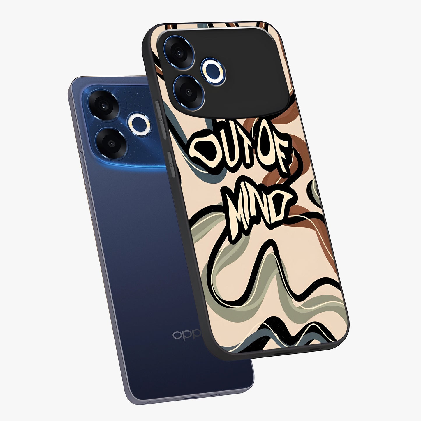 Out Of Mind Glass Case displayed in angled mockup highlighting bold statement design with modern artistic aesthetic.
