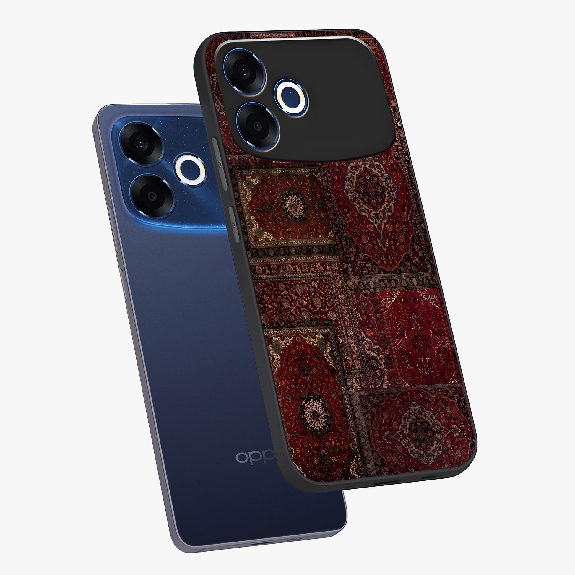 Persian Velvet Tale Glass Case displayed in angled mockup highlighting ornate textile inspired design with royal aesthetic.