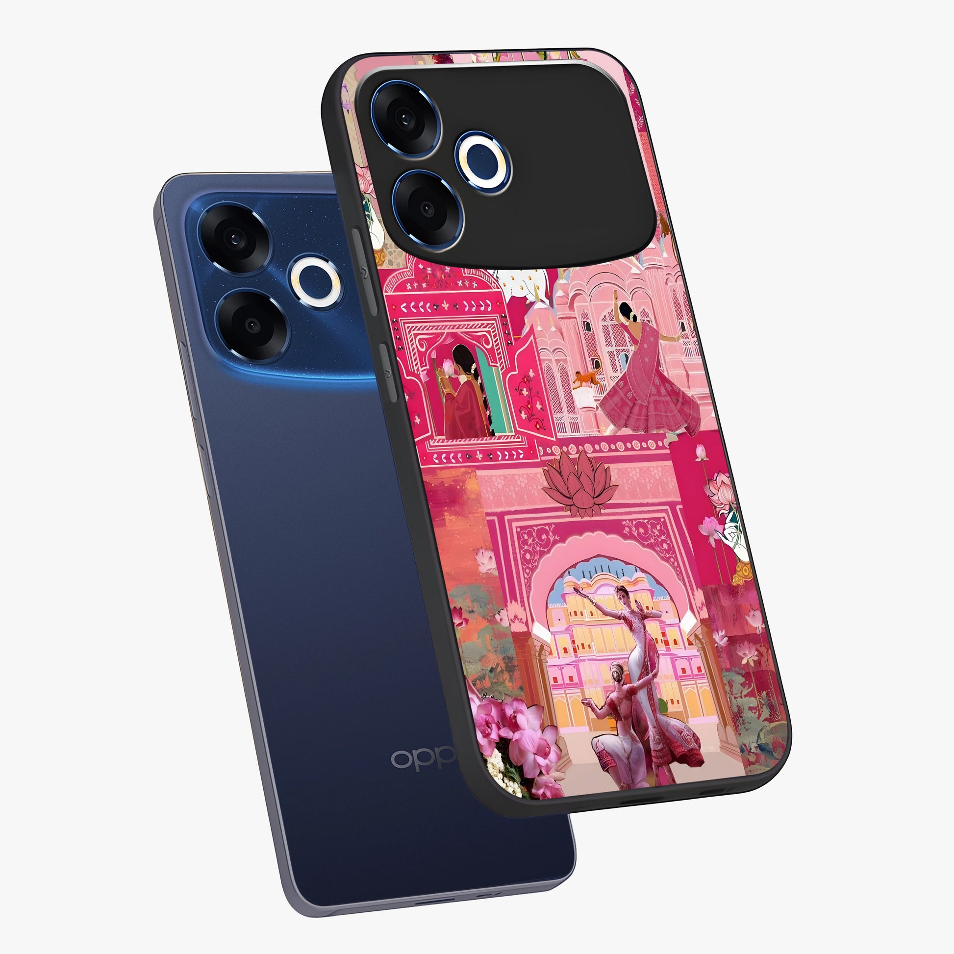 Pink Palace Muse Glass Case displayed in angled mockup highlighting dreamy palace illustration with soft pink aesthetic.