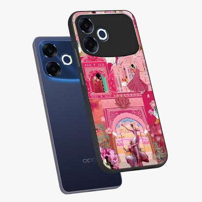 Pink Palace Muse Glass Case displayed in angled mockup highlighting dreamy palace illustration with soft pink aesthetic.