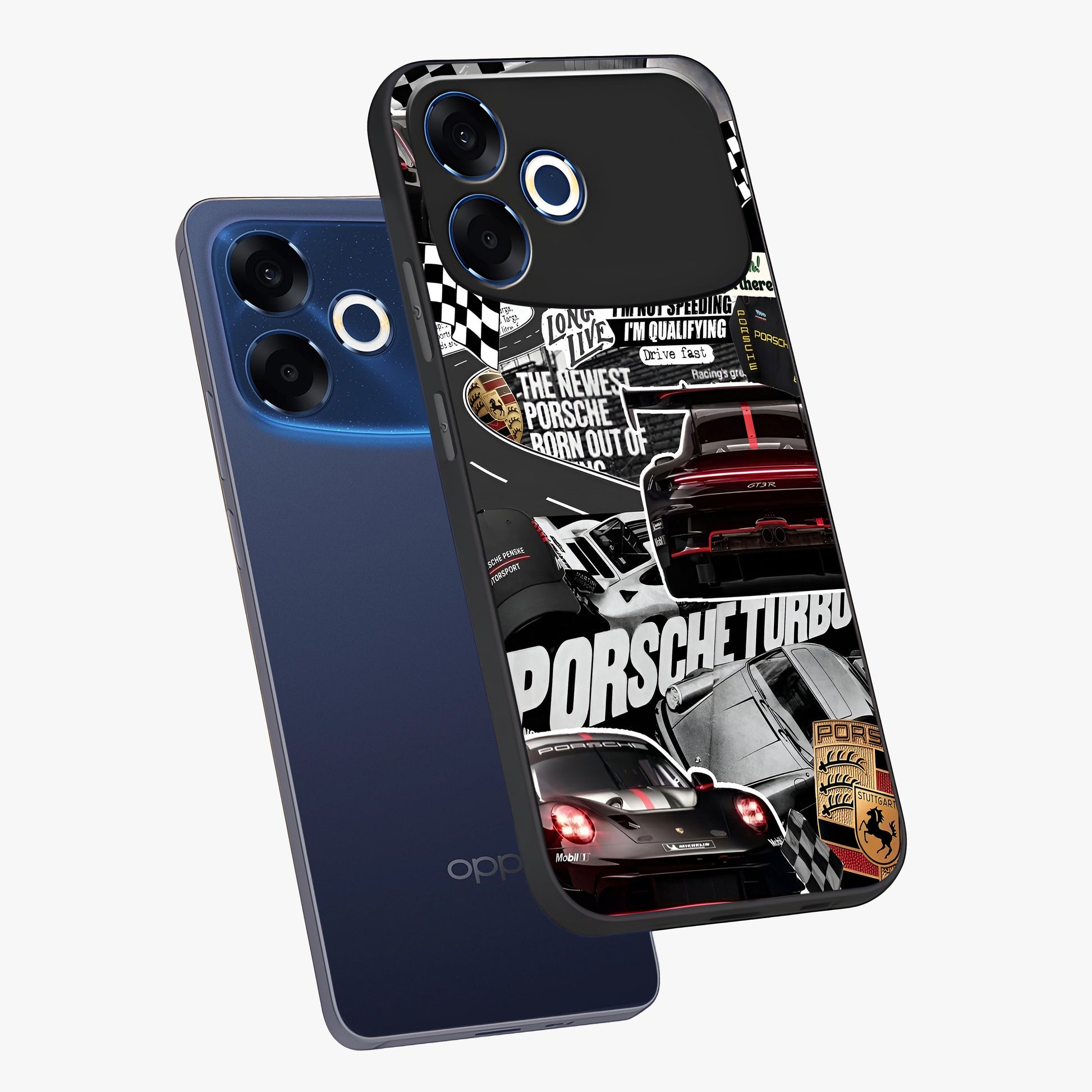 Porsche Racing Collage Glass Case displayed in angled mockup highlighting dynamic automotive design with bold racing aesthetic.