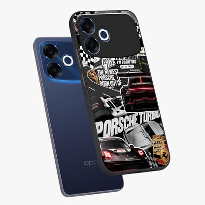 Porsche Racing Collage Glass Case displayed in angled mockup highlighting dynamic automotive design with bold racing aesthetic.