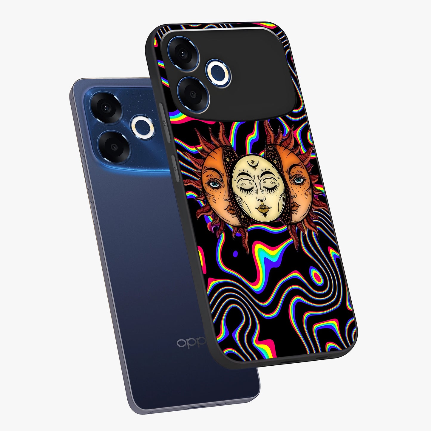 Psychedelic Sun Glass Case displayed in angled mockup highlighting vibrant abstract sun design with artistic aesthetic style.