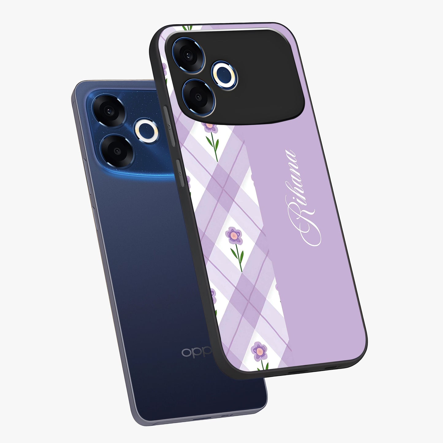 Purple Diamond Floral Glass Case displayed in angled mockup highlighting elegant purple flower design with decorative pattern.