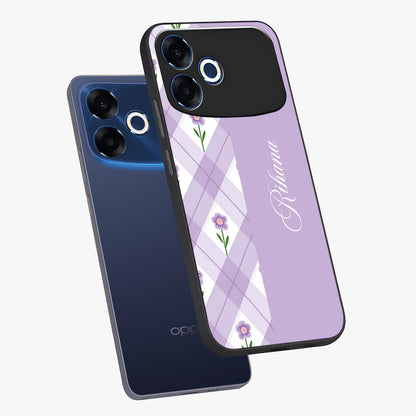 Purple Diamond Floral Glass Case displayed in angled mockup highlighting elegant purple flower design with decorative pattern.
