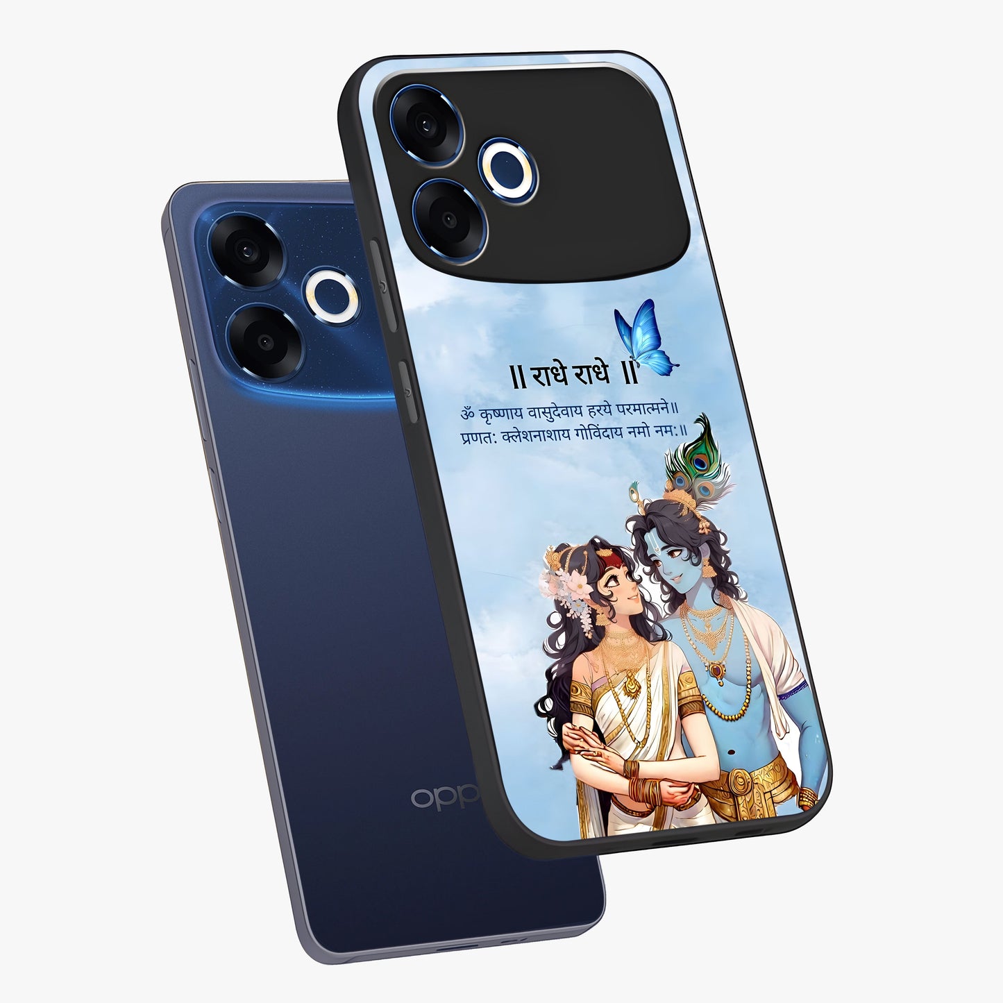 Radha Krishna Eternal Glass Case displayed in angled mockup highlighting divine Radha Krishna illustration with spiritual aesthetic.
