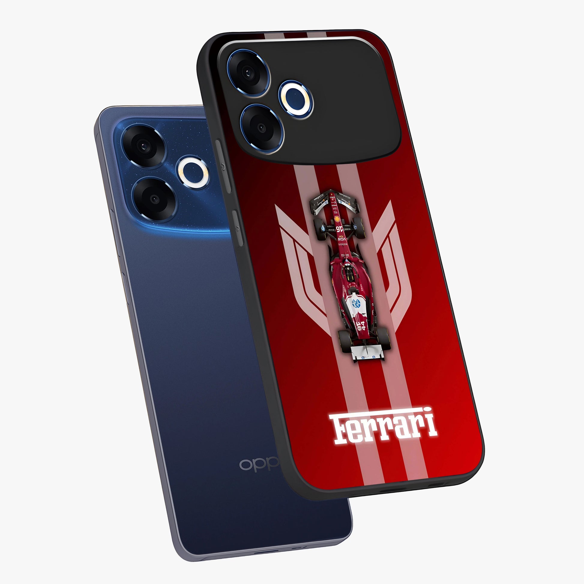 Red Ferrari F1 Vertical Glass Case displayed in angled mockup highlighting high speed racing design with bold automotive aesthetic.