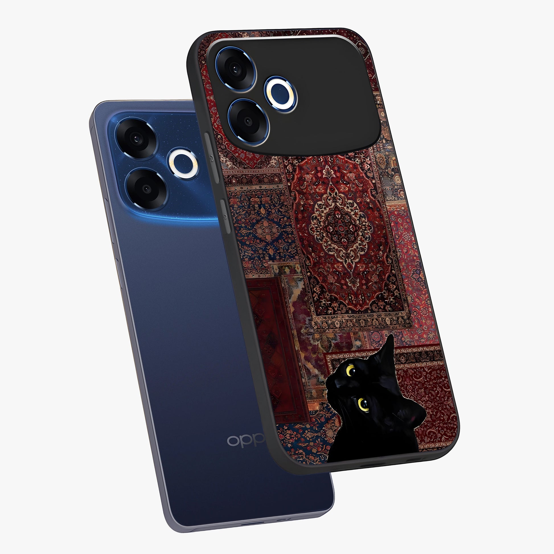 Regal Magic Cat Apple Glass Case displayed in angled mockup highlighting whimsical feline design with fantasy aesthetic.