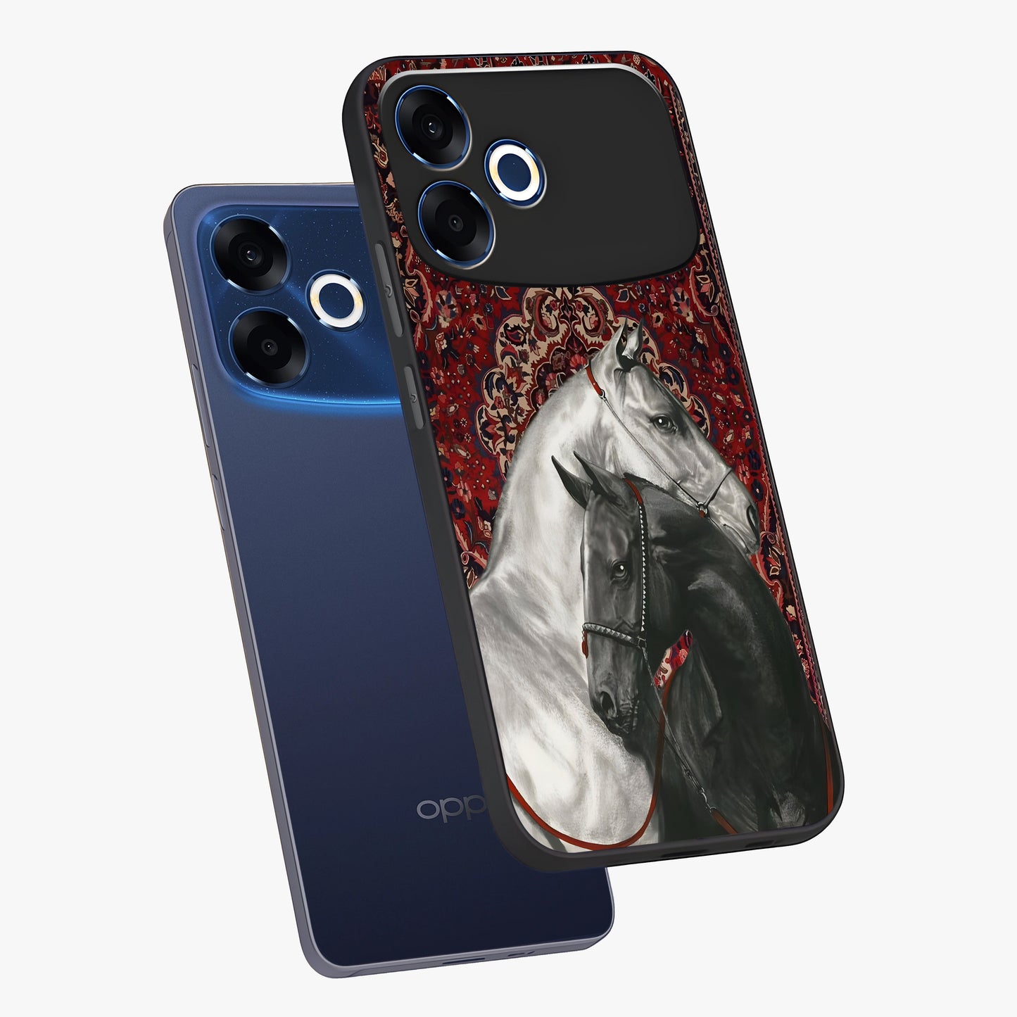 Regal Stallion Tapestry Glass Case displayed in angled mockup highlighting royal stallion design with decorative heritage aesthetic.