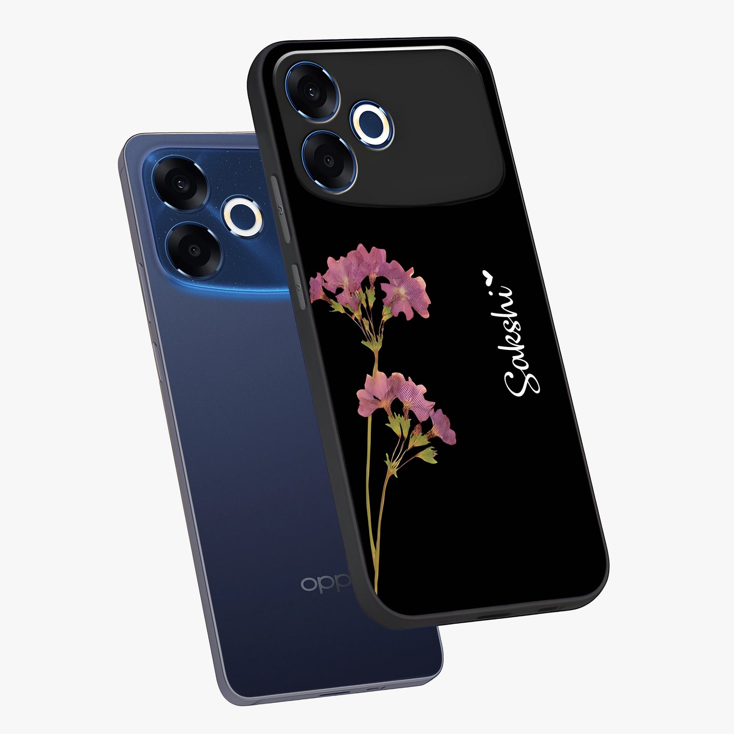 Riching Lavender Flower Custom Name Glass Case displayed in angled mockup highlighting delicate lavender flower design with custom name feature.