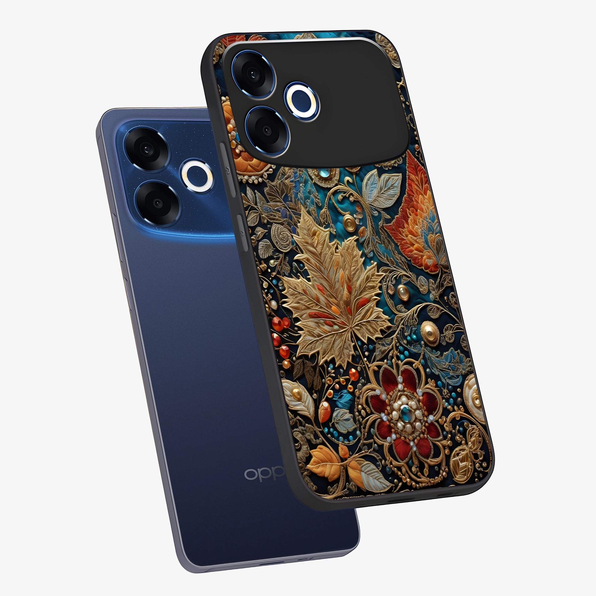Royal Jewel Garden Glass Case displayed in angled mockup highlighting vibrant jewel inspired floral design with elegant aesthetic.
